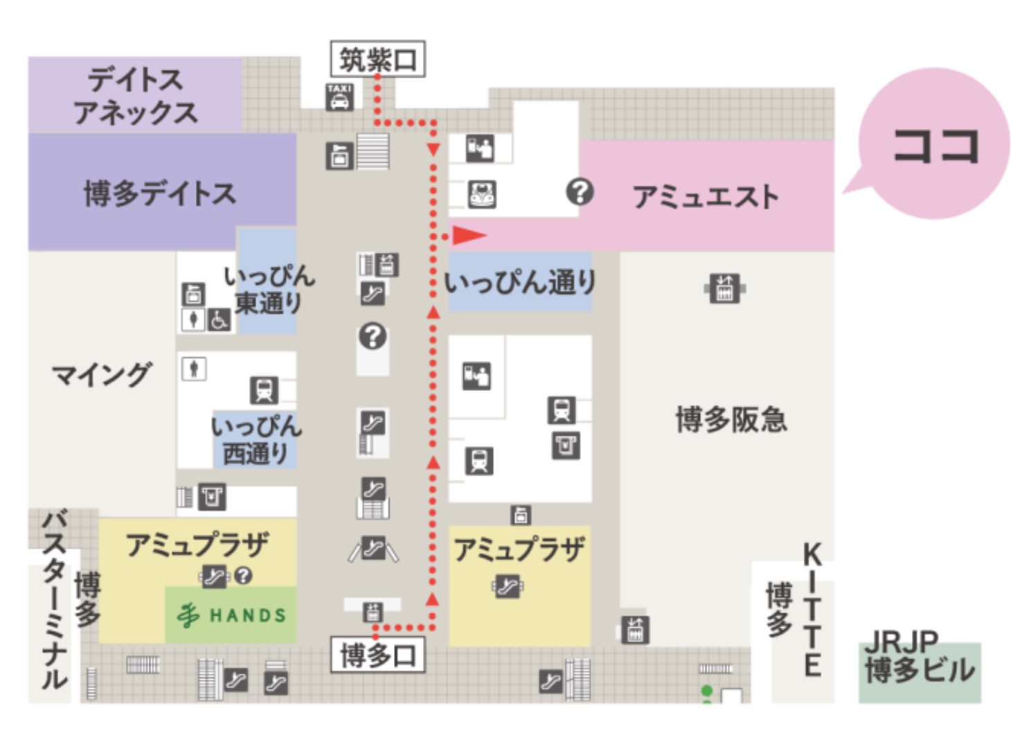 JR HAKATA CITY、博多阪急、AMU PLAZA 與筑紫口位置圖